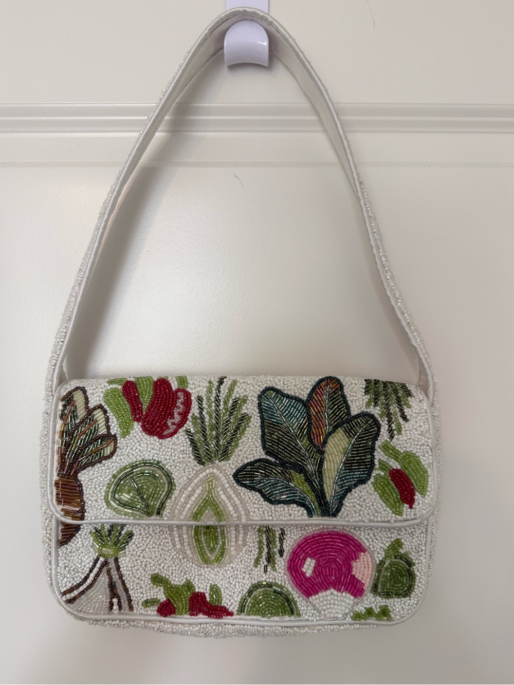Beaded Botanical Vegtable-Print Shoulder Bag